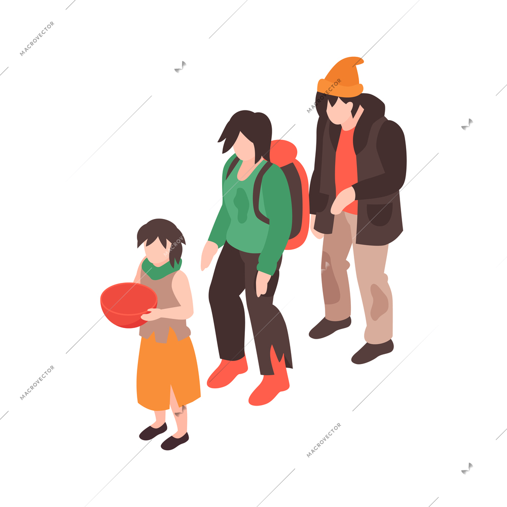 Isometric voluneer food homeless poor composition with human characters of people in need waiting for donations vector illustration