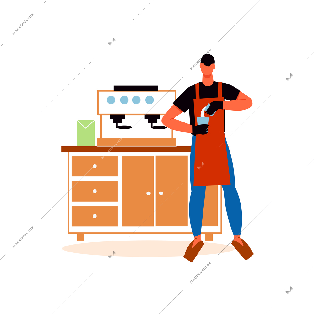 Cozy cafe interior composition with male character of barista making coffee vector illustration