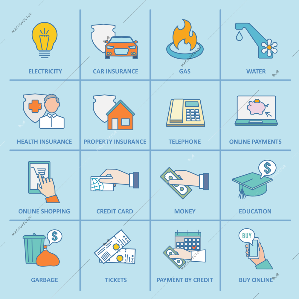 Pay bill property taxes payment insurance icons flat line set isolated vector illustration