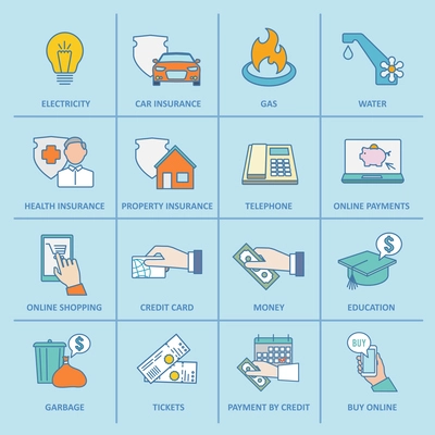 Pay bill property taxes payment insurance icons flat line set isolated vector illustration