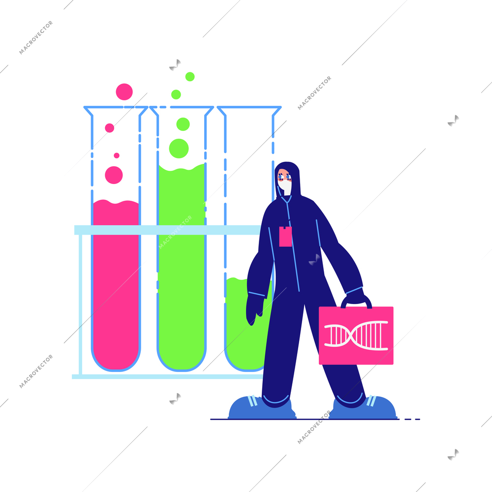 Science laboratory composition with character of scientist in chemical protection suit with test tubes vector illustration
