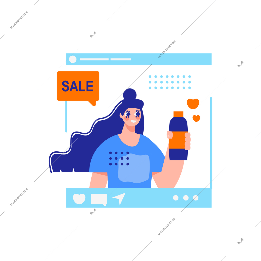 Influencer marketing flat composition with woman promoting product on online service vector illustration