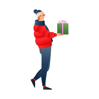 Christmas gradient flat composition with male character in warm clothes holding gift box vector illustration