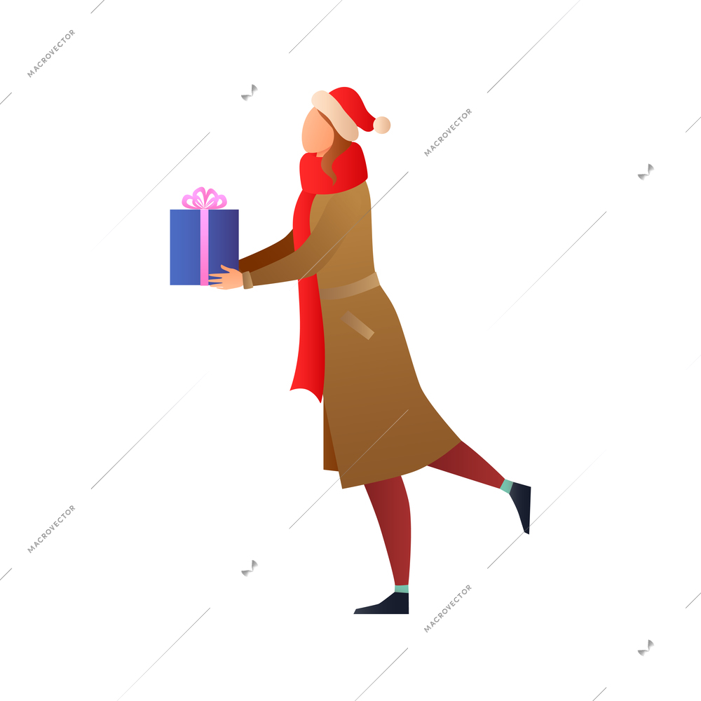 Christmas gradient flat composition with character of woman with gift box in warm clothes vector illustration