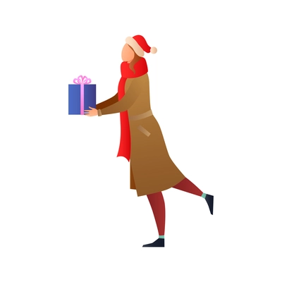 Christmas gradient flat composition with character of woman with gift box in warm clothes vector illustration