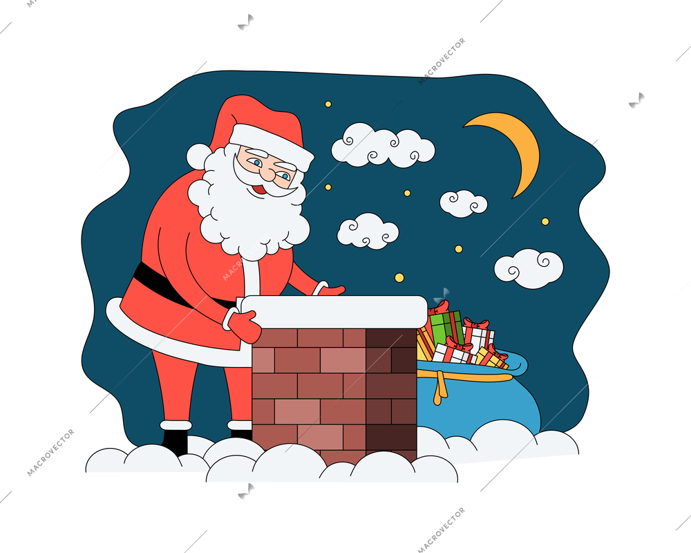 Christmas coloring composition with view of winter house with santa character near roof chimney vector illustration