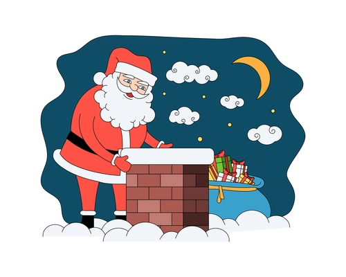 Christmas coloring composition with view of winter house with santa character near roof chimney vector illustration