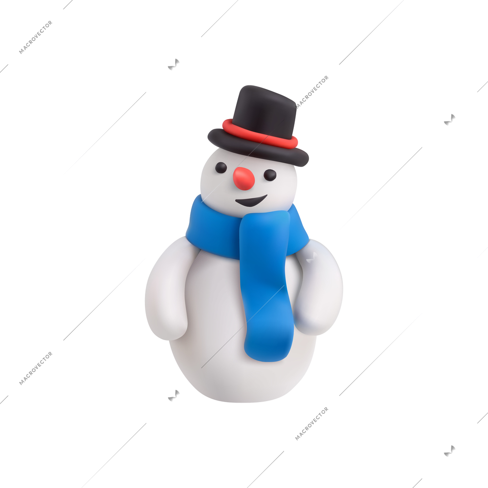 Christmas plasticine realistic composition with isolated character of snowman wearing hat and scarf vector illustration