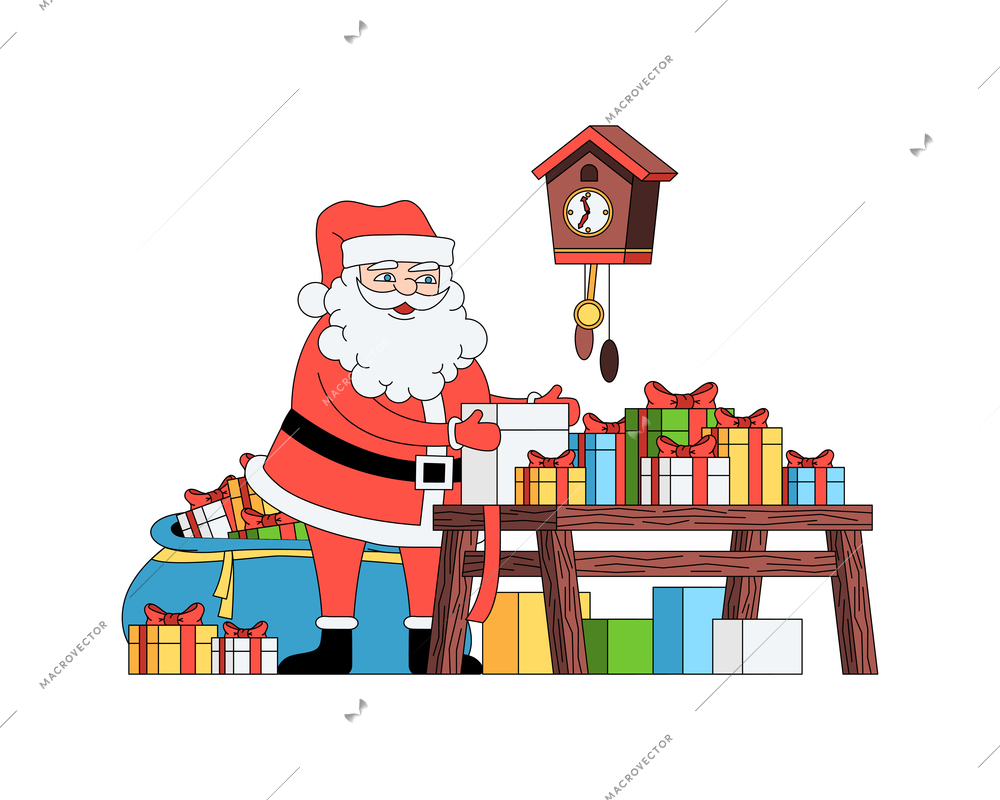 Christmas coloring composition with indoor view of santa gathering gifts on table vector illustration