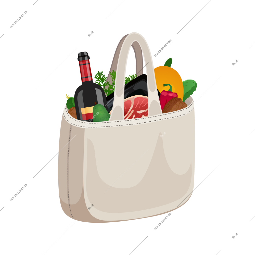 Shopping bag basket composition with isolated image of food in fabric bag vector illustration