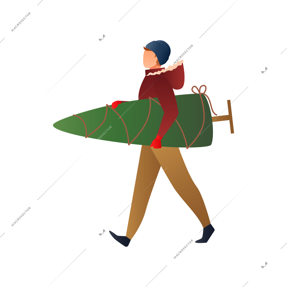 Christmas gradient flat composition with human character carrying packed new year tree vector illustration