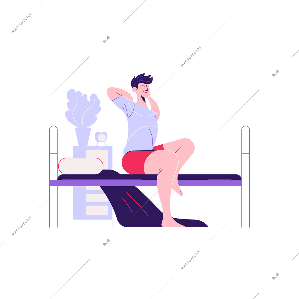 Man woman daily routine composition with character of man waking up on bed vector illustration