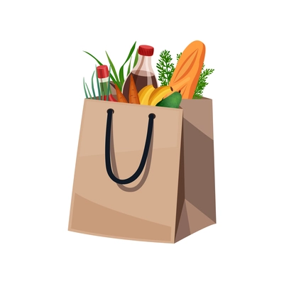 Shopping bag basket composition with isolated image of food products in paper bag vector illustration