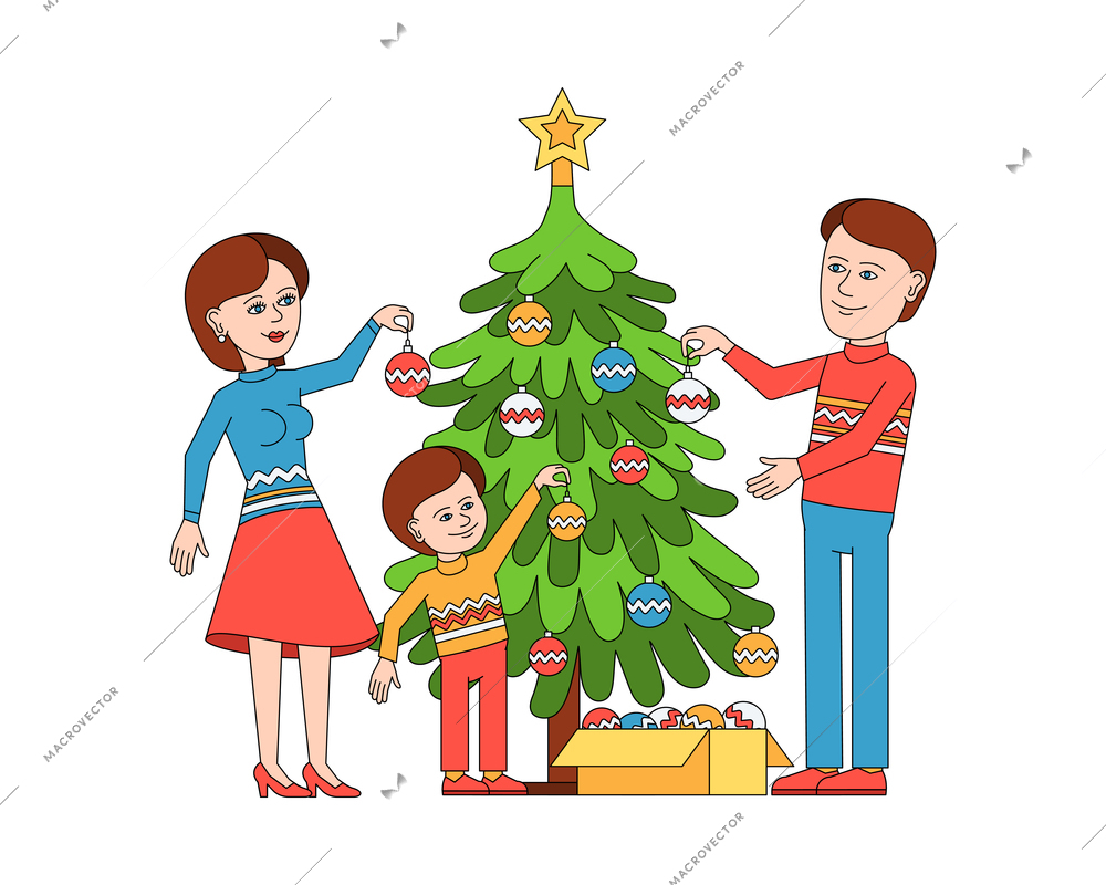 Christmas coloring composition with family member characters decorating new year tree vector illustration