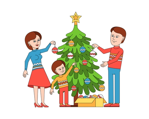 Christmas coloring composition with family member characters decorating new year tree vector illustration