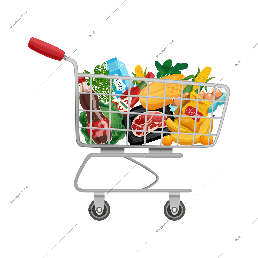 Shopping bag basket composition with isolated image of products in supermarket trolley cart vector illustration