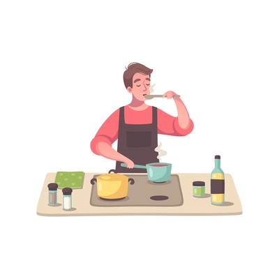 Hobby cartoon composition with male character cooking food with kitchenware vector illustration