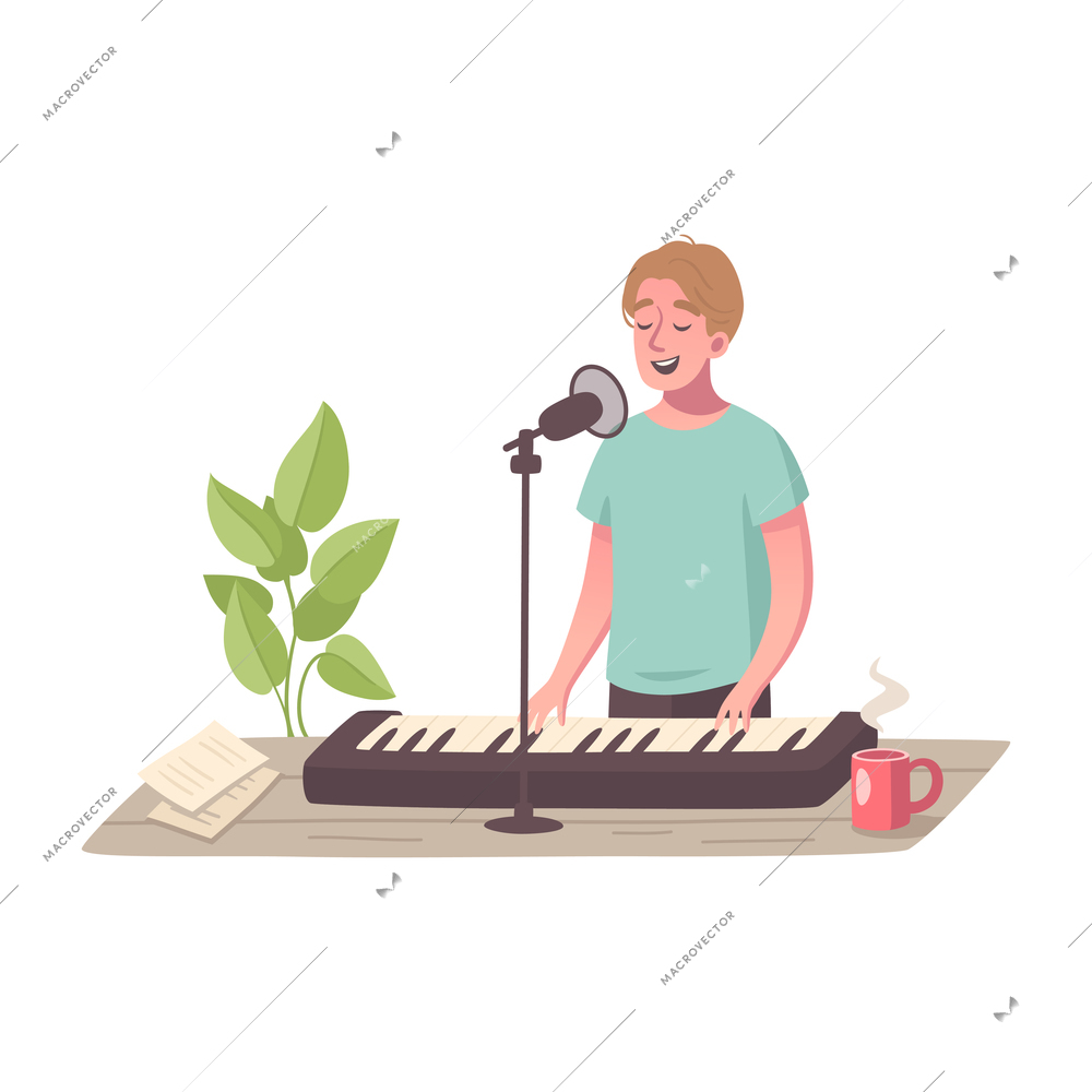 Hobby cartoon composition with male character playing keys singing in microphone vector illustration