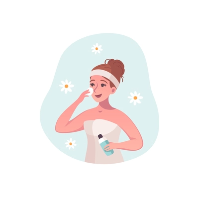 Skincare routine cartoon composition with woman using facial cleanser with cotton pads vector illustration