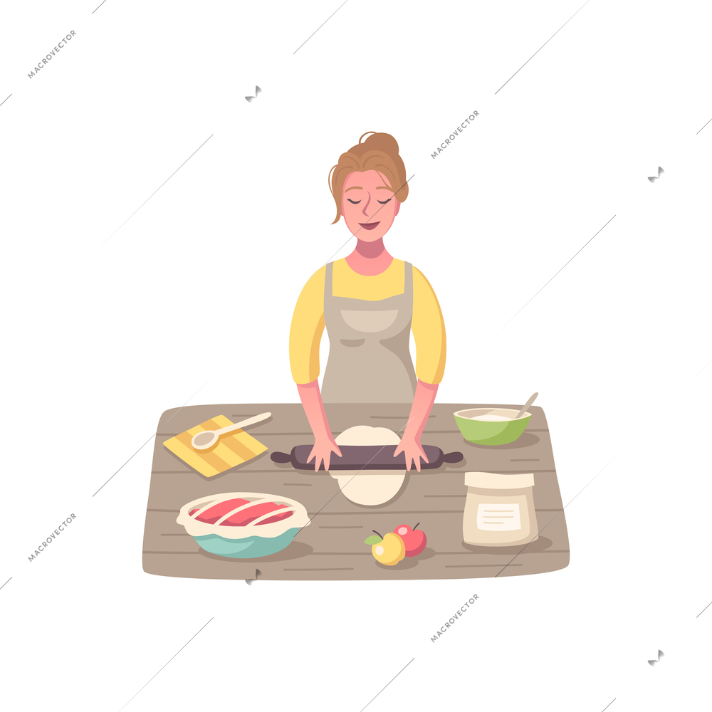Hobby cartoon composition with female character cooking food with kitchenware vector illustration
