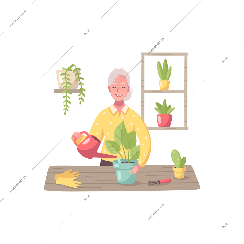 Hobby cartoon composition with female character of elderly woman caring for home plants vector illustration