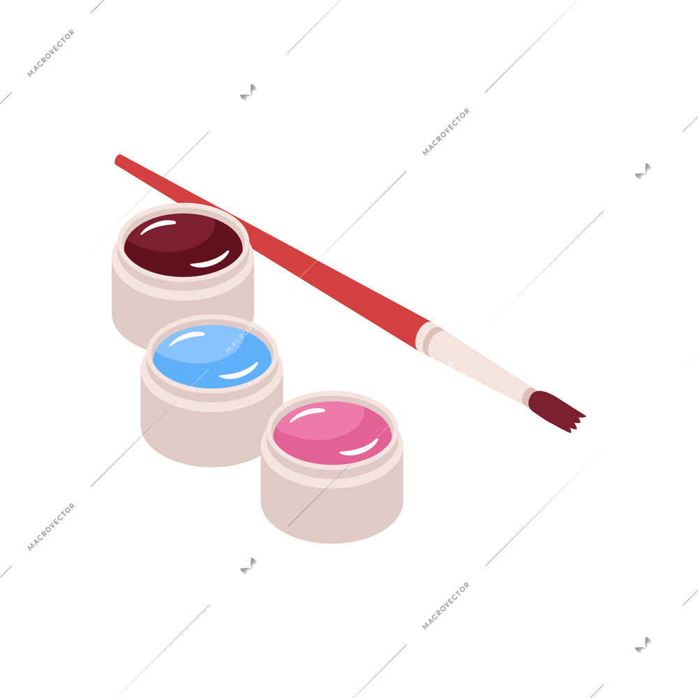 Isometric nails manicure composition with isolated images of mail paint cans with brush vector illustration