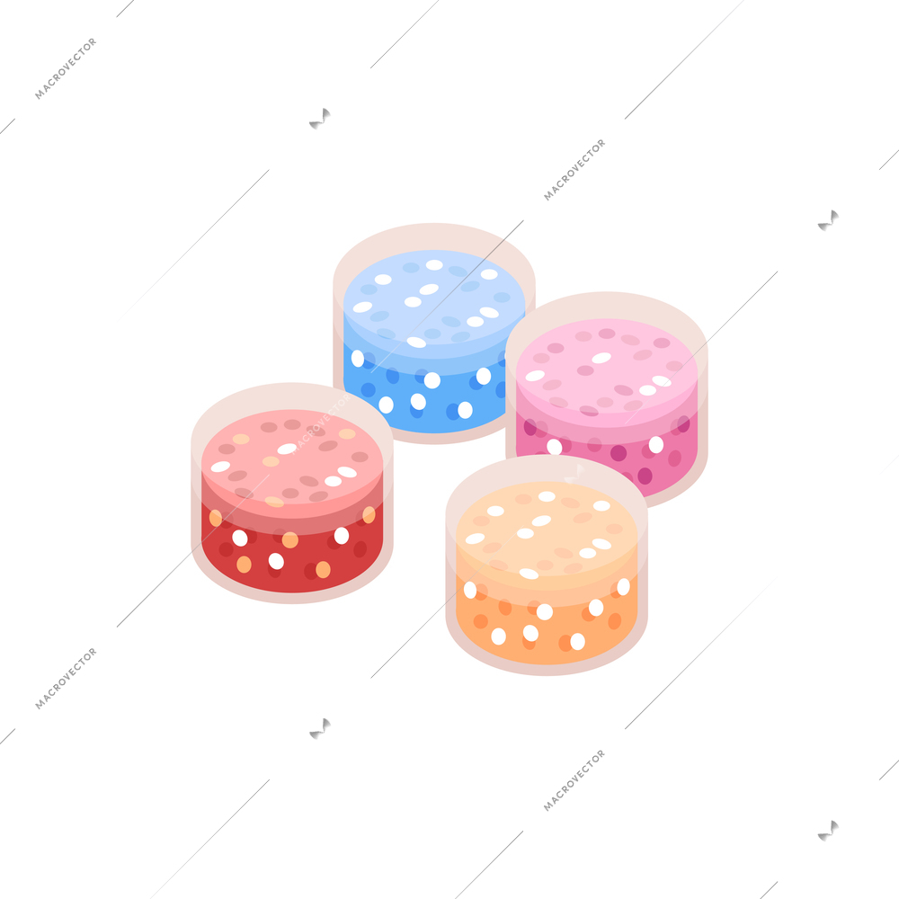 Isometric nails manicure composition with isolated images of nail enamel cans with spangles vector illustration