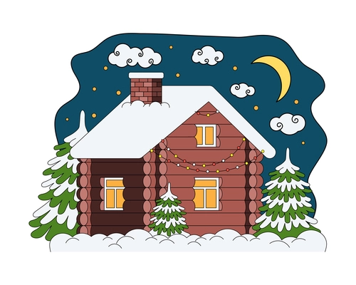 Christmas coloring composition with view of winter house among trees covered with snow vector illustration
