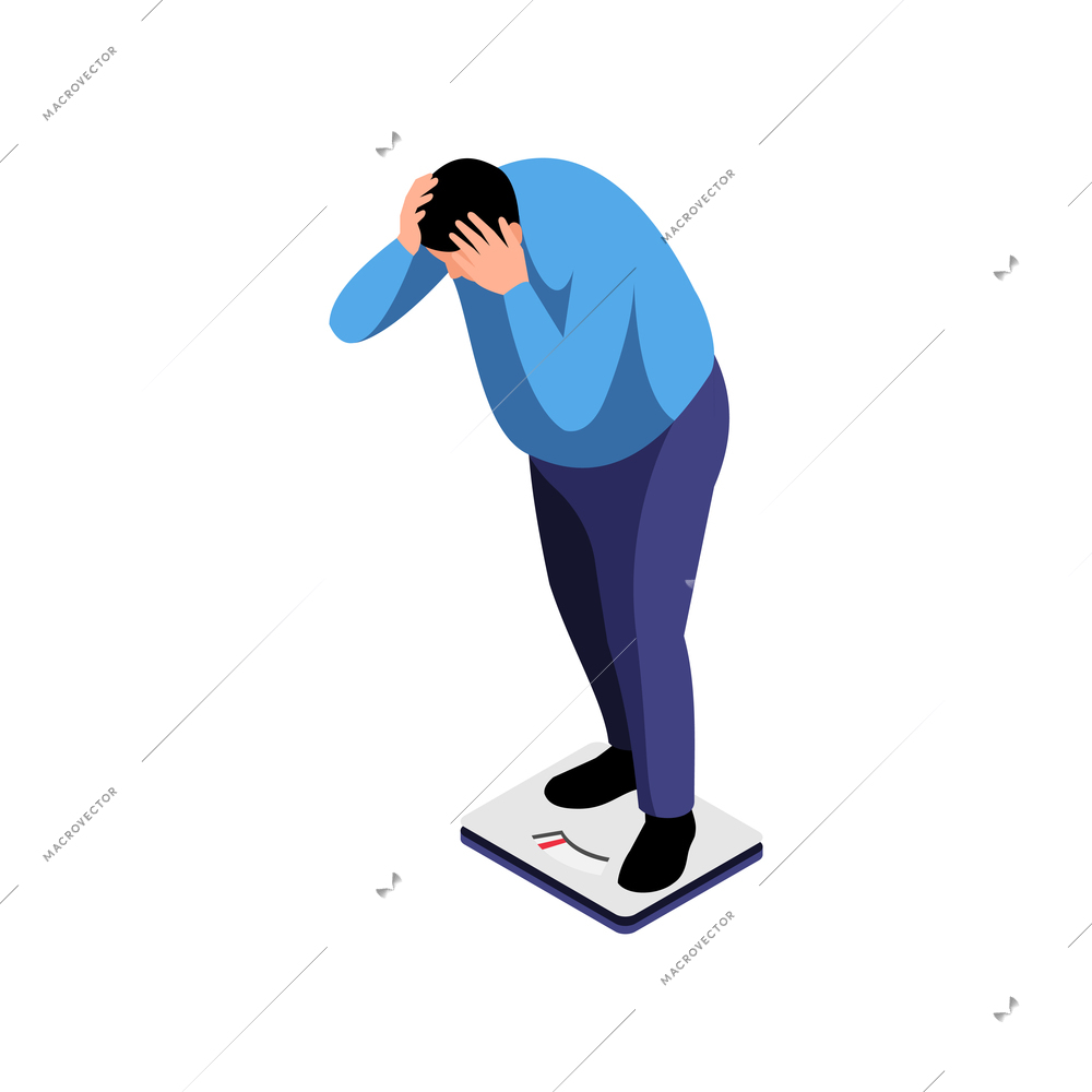 Isometric obesity unhealthy diet lifestyle composition with fat man standing on weighs clutching head vector illustration