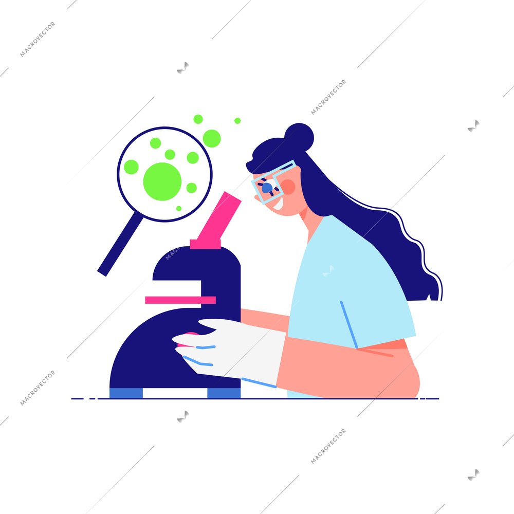 Science laboratory composition with female character of scientist looking in microscope vector illustration