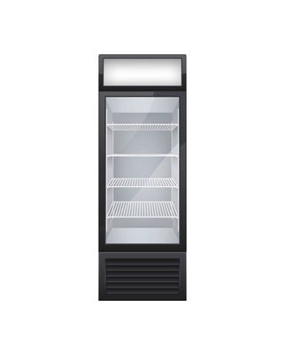 Commercial glass door drink fridge realistic composition with isolated image of single door fridge vector illustration