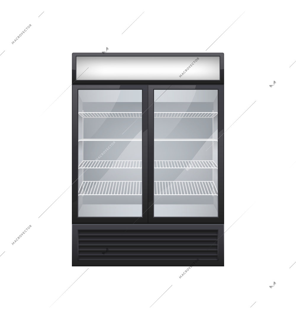 Commercial glass door drink fridge realistic composition with isolated image of shop fridge with two display doors vector illustration