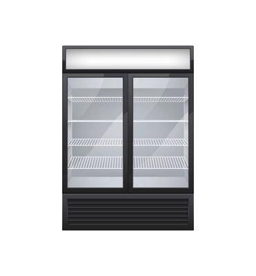 Commercial glass door drink fridge realistic composition with isolated image of shop fridge with two display doors vector illustration