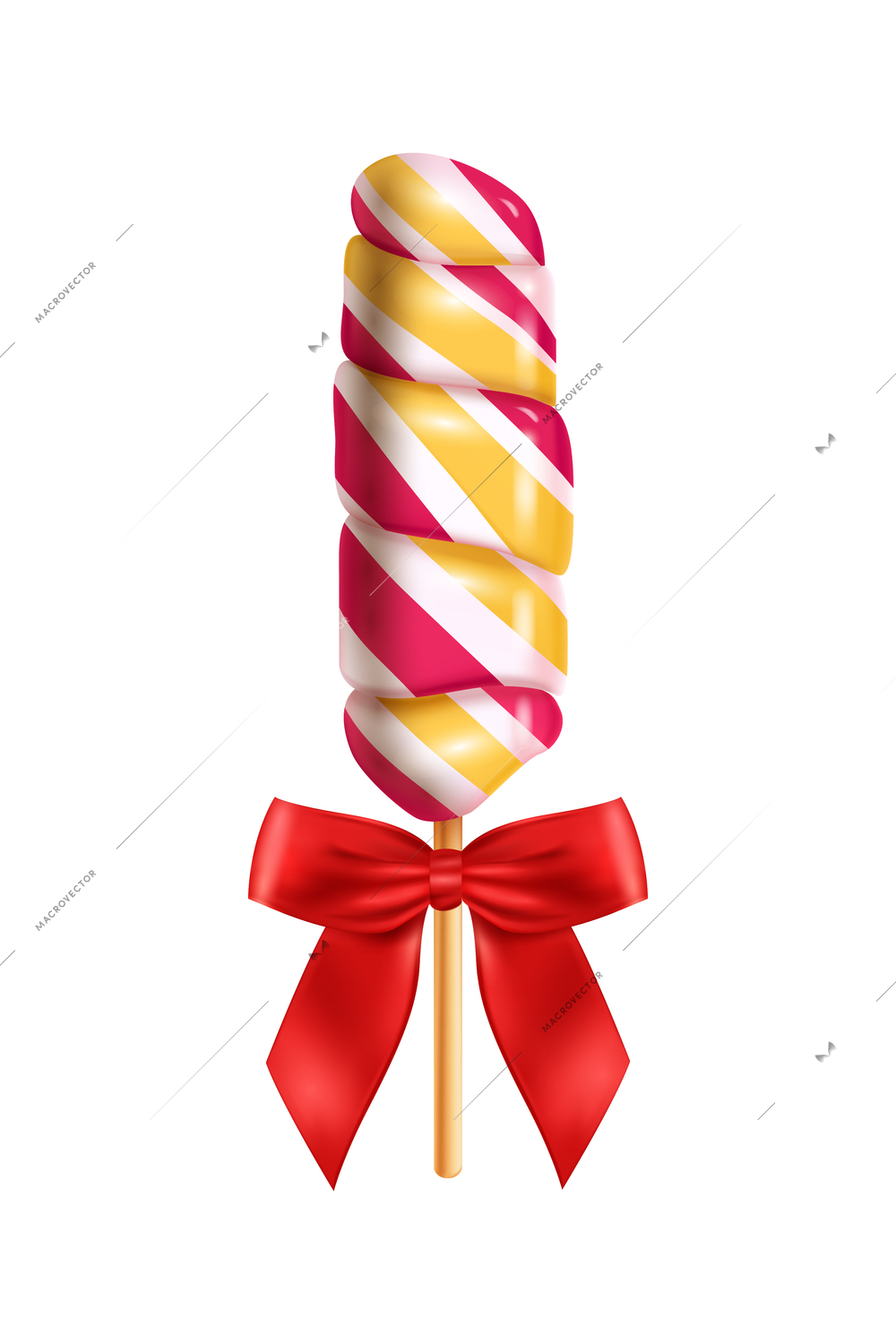 Realistic lollipop red bow composition with isolated image of striped candy on stick vector illustration