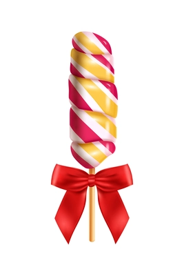 Realistic lollipop red bow composition with isolated image of striped candy on stick vector illustration