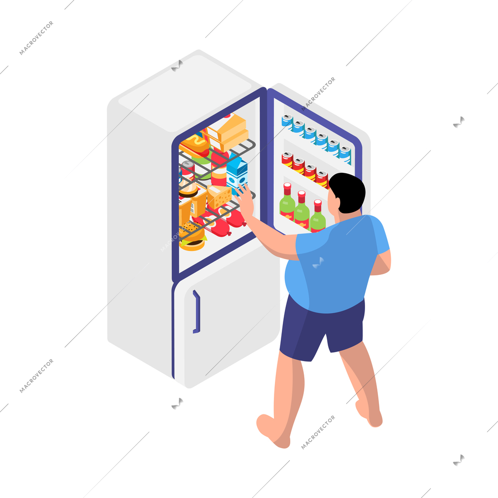 Isometric obesity unhealthy diet lifestyle composition with human character of fat man opening fridge door vector illustration