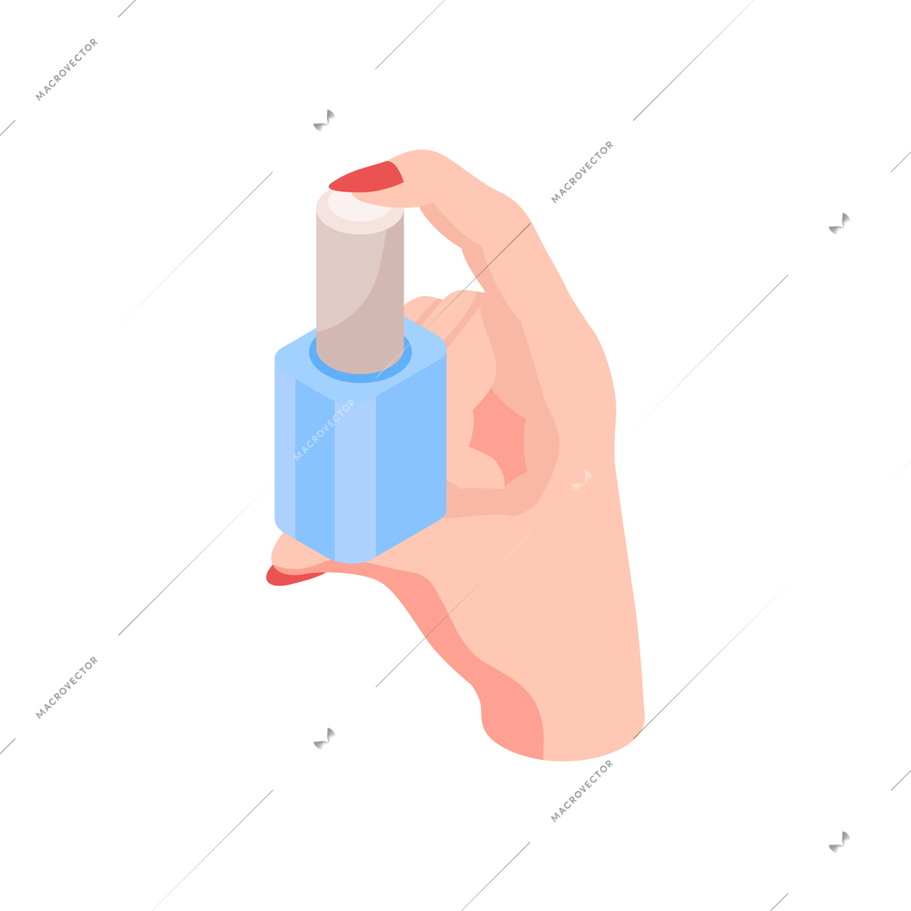 Isometric nails manicure composition with isolated image of hand holding nail enamel vector illustration