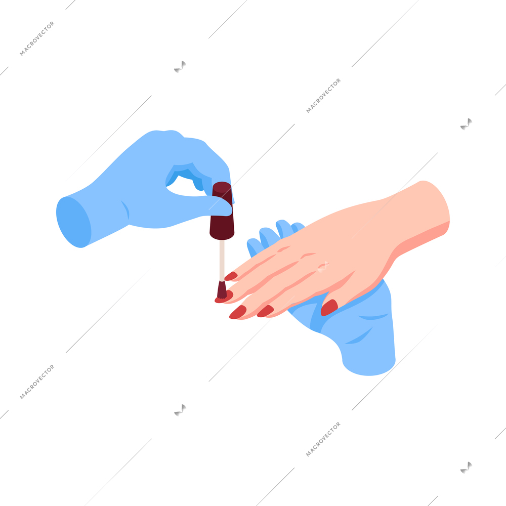 Isometric nails manicure composition with isolated image of hands applying enamel to nails vector illustration