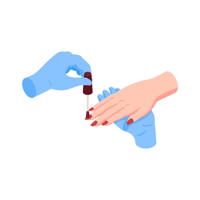 Isometric nails manicure composition with isolated image of hands applying enamel to nails vector illustration