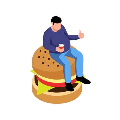 Isometric obesity unhealthy diet lifestyle composition with human character of fat man sitting on burger vector illustration