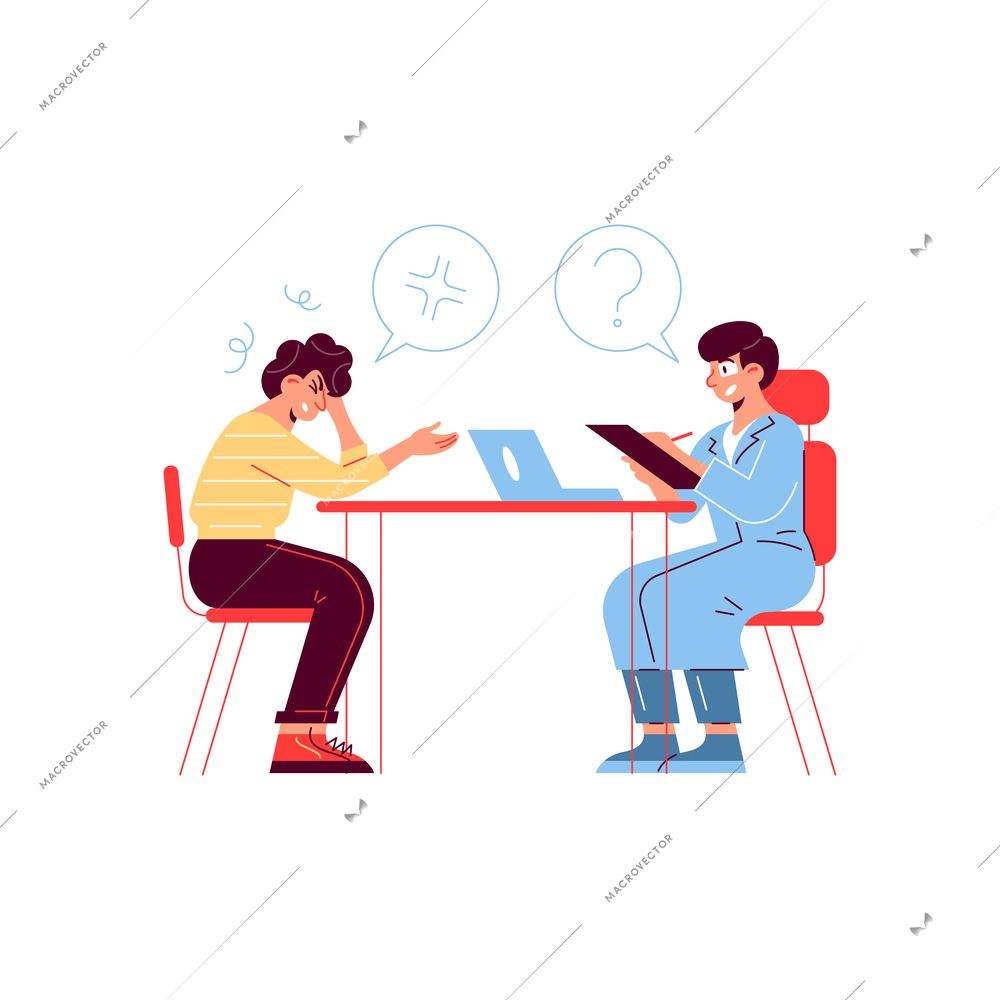 Hospital medicine doctor patient composition with human characters sitting at table with thought bubbles vector illustration