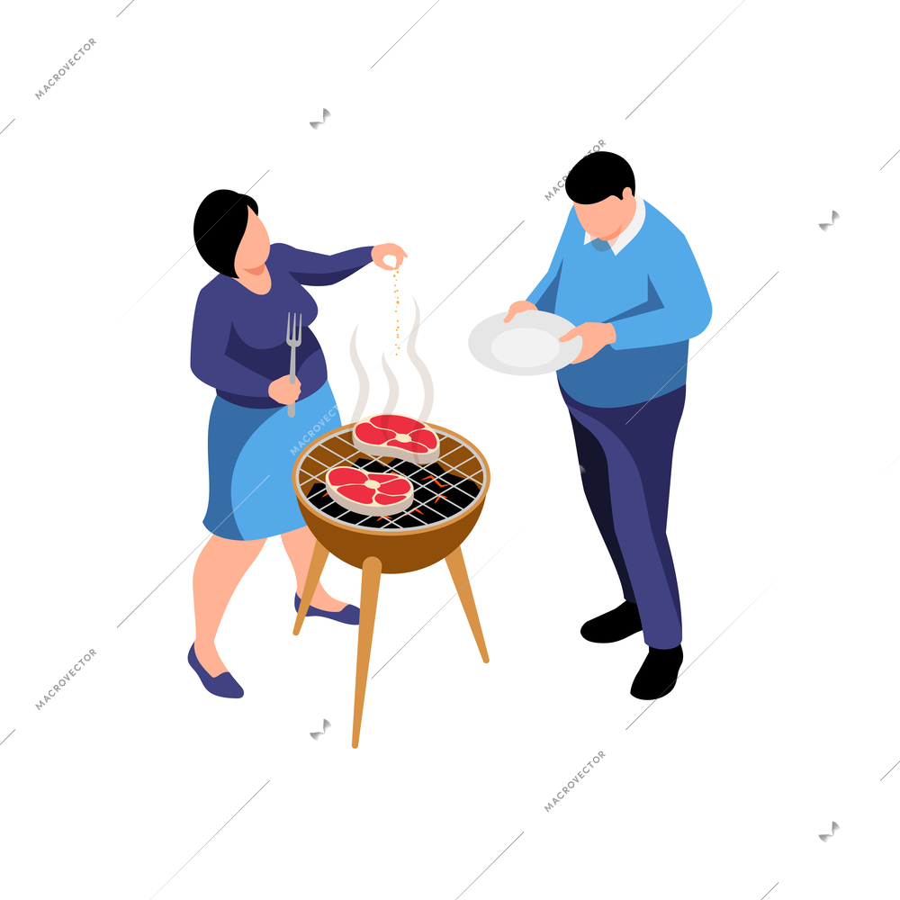 Isometric obesity unhealthy diet lifestyle composition with fat couple roasting meat on barbecue grill vector illustration