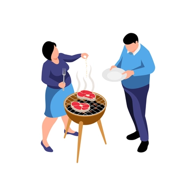 Isometric obesity unhealthy diet lifestyle composition with fat couple roasting meat on barbecue grill vector illustration