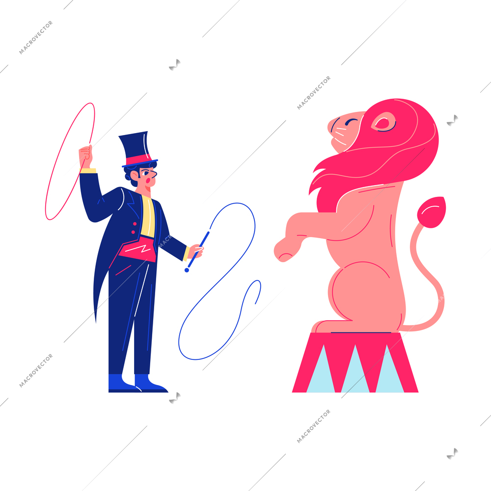 Circus funfair composition with human character of lion tamer with hoop thong and standing lion vector illustration