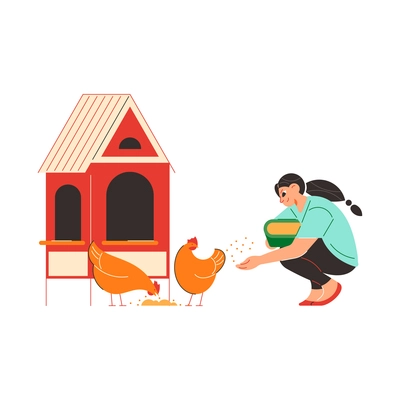 Farm composition with hen house and human character of female worker feeding chicken vector illustration