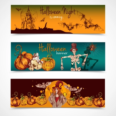 Halloween holiday celebration traditional colored spooky sketch banners horizontal set isolated vector illustration