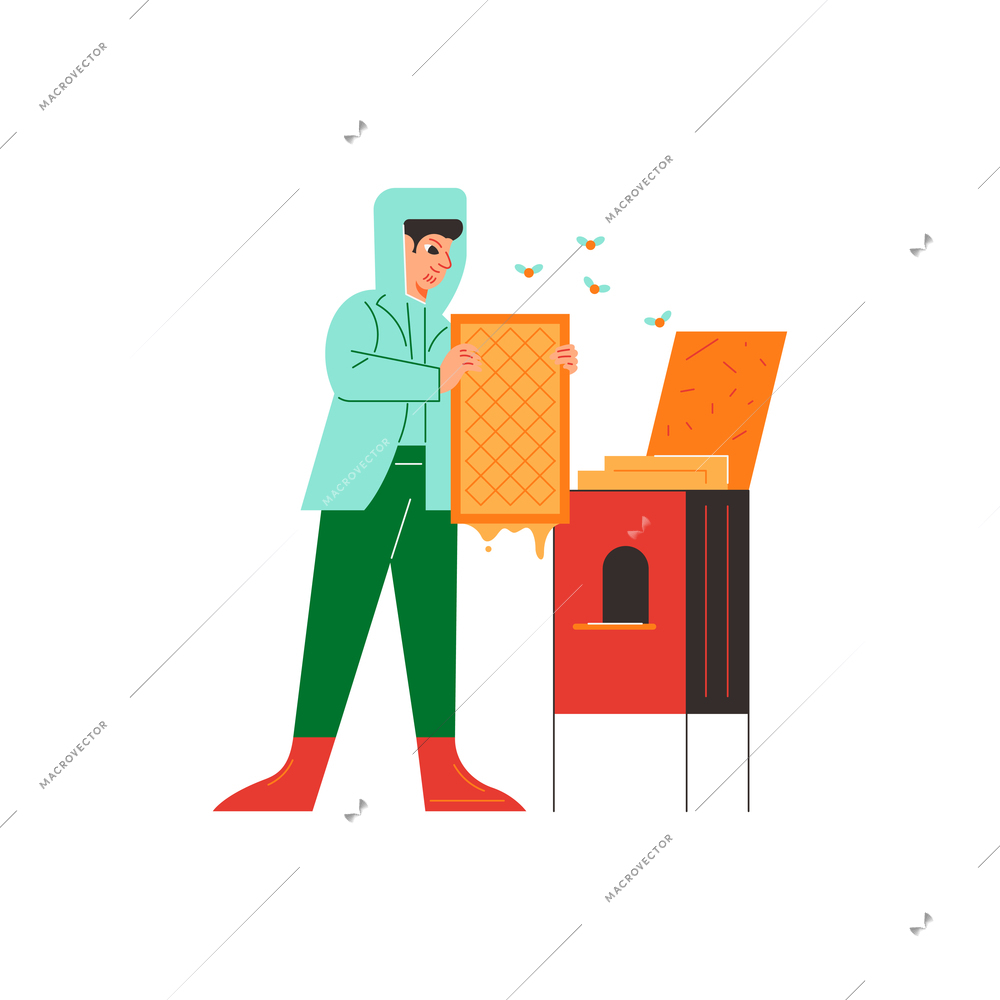 Farm composition with human character of male worker with hive and bees vector illustration