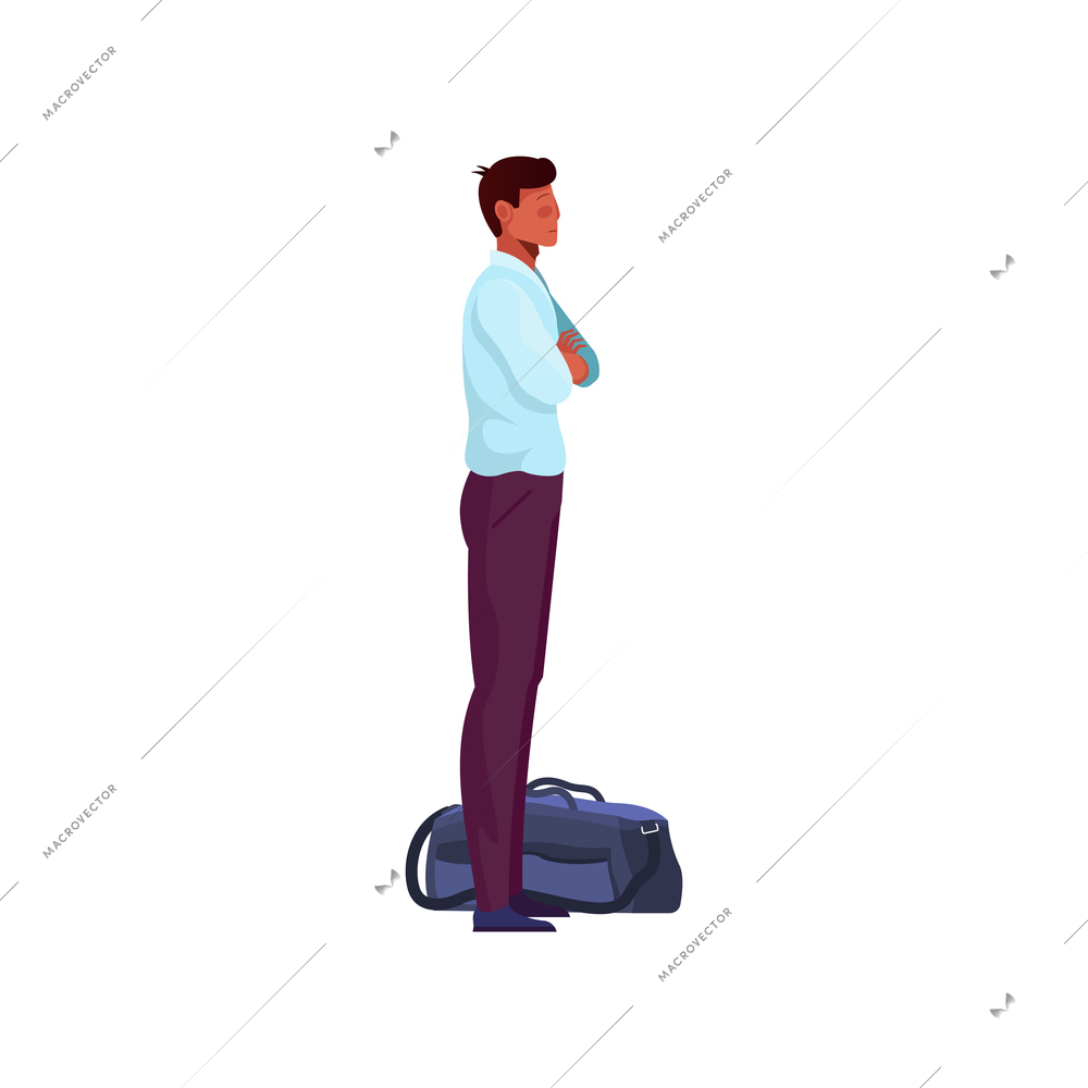 Migrant workers flat composition with male character standing with bag vector illustration