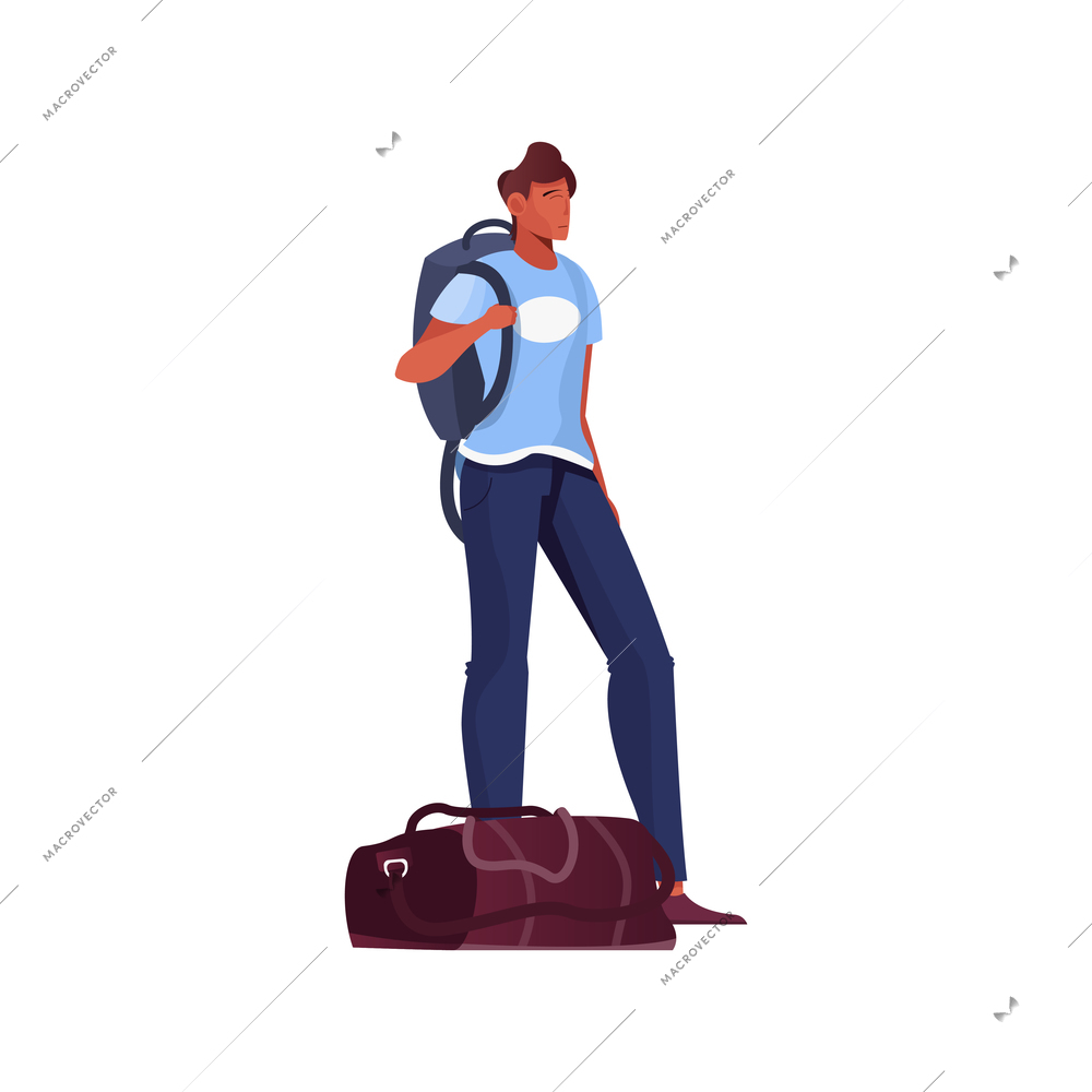 Migrant workers flat composition with male character standing with backpack and bag vector illustration
