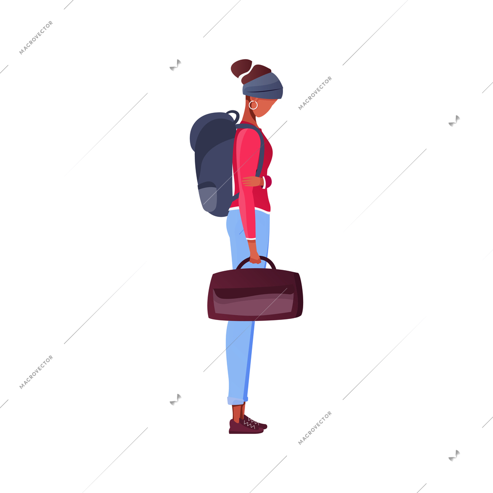 Migrant workers flat composition with female character standing with backpack and bag vector illustration